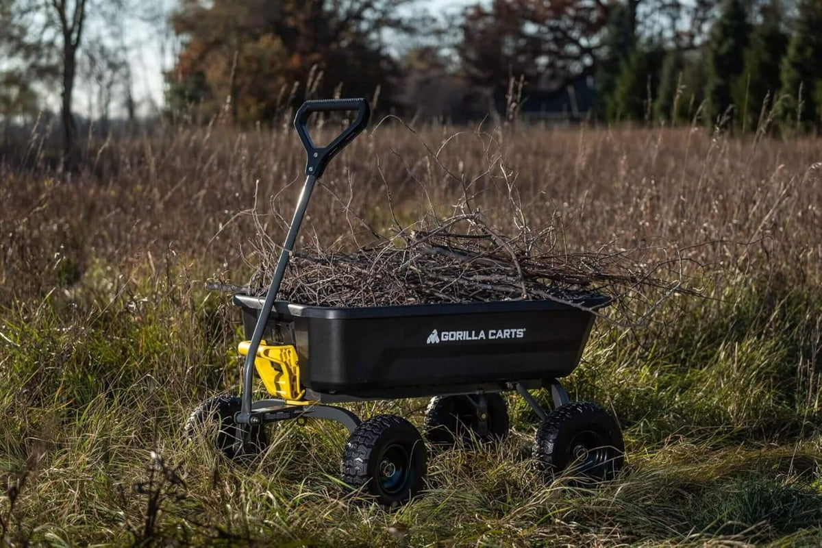 Poly Dump Garden Cart With No-Flat Tires And Serrated Shovel, 7 Cubic Feet, 1,200 lb Capacity, Black