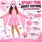 Pink Glitter Ghost Halloween Costume for Girls, Hooded Cosplay Dress with Mask, Spooky Horror Party Outfit