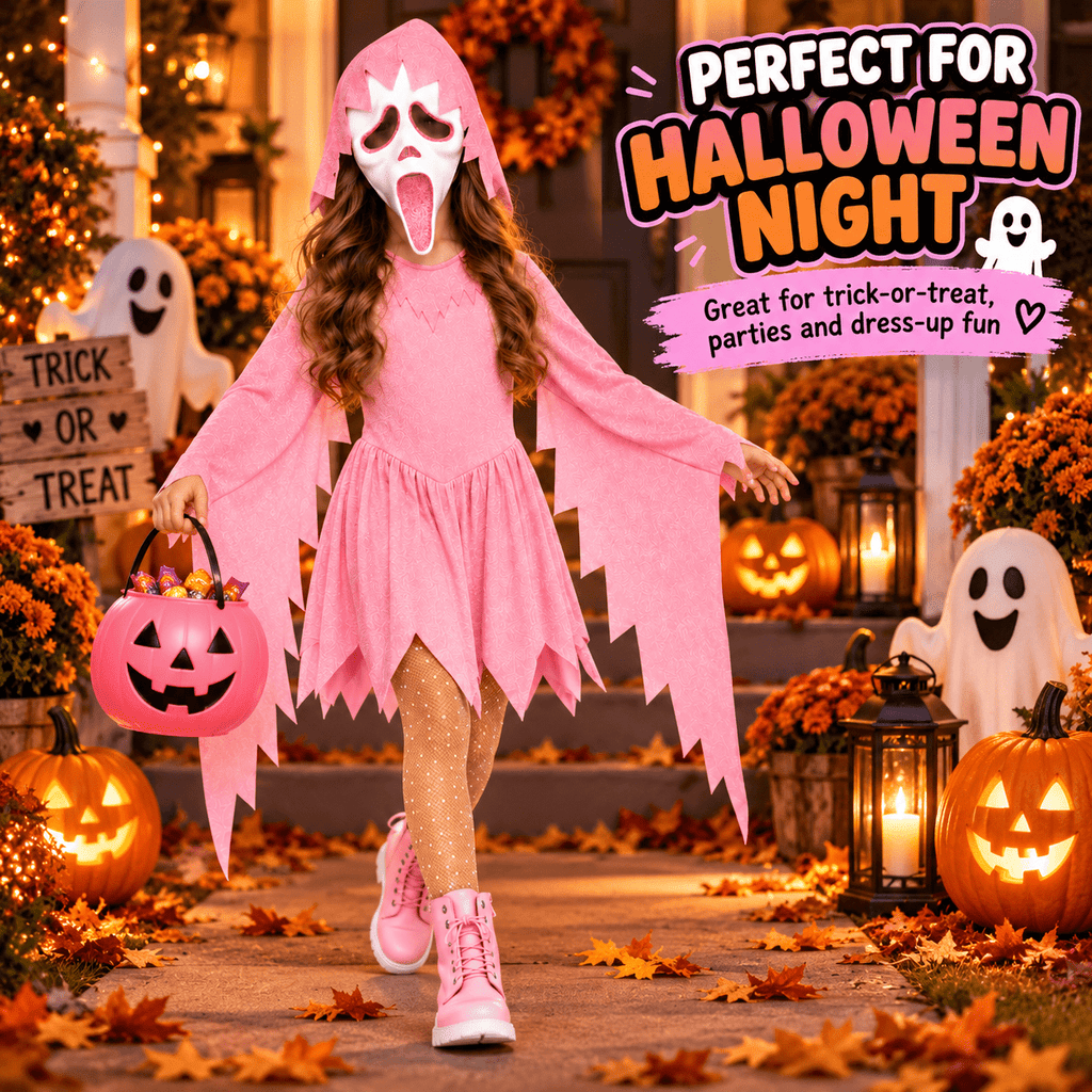 Pink Glitter Ghost Halloween Costume for Girls, Hooded Cosplay Dress with Mask, Spooky Horror Party Outfit