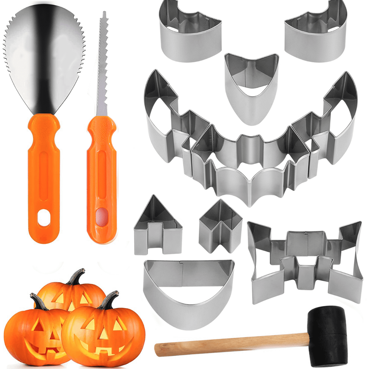 15 Pieces Halloween Pumpkin Carving Kit + Hammer, Professional Stainless Steel Carving Punchers Tools Set, Pumpkin Cutting Sculpting Tool for Halloween Decoration Jack-O-Lanterns
