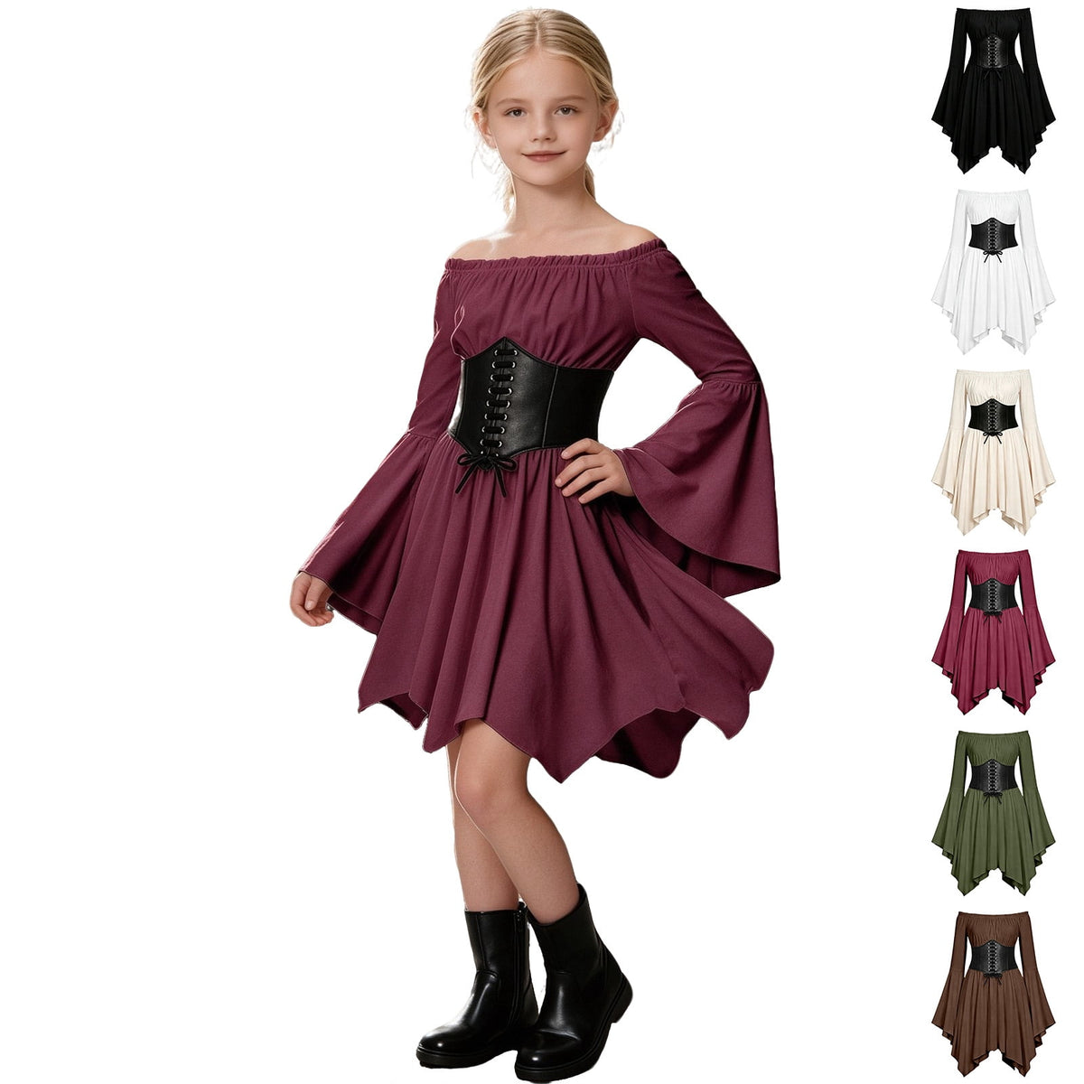 Kids Off the Shoulder Pirate Dresses with Sash Two Piece Set Pirate Costume Halloween Cosplay Halloween Costume Kids Size 4-14 Years