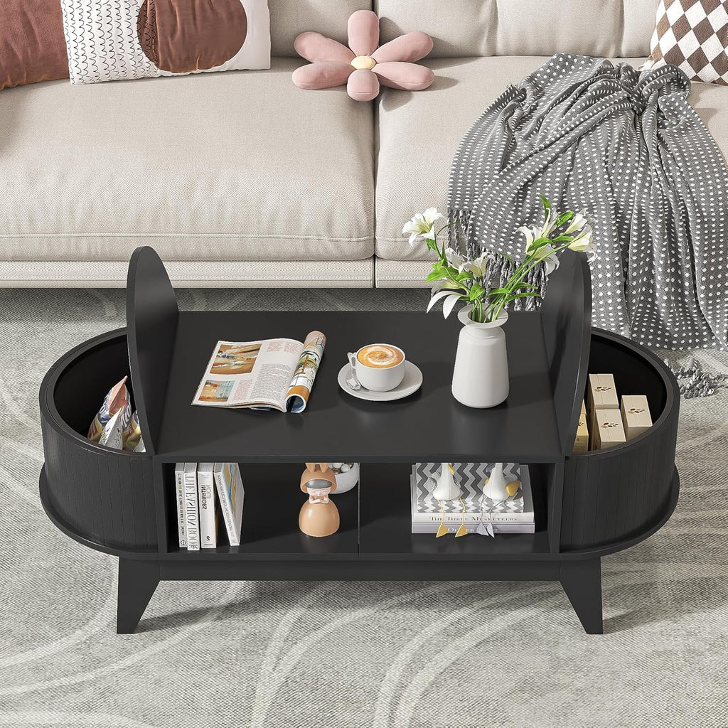Fluted Oval Coffee Table With Storage, 46.45 x 19.68 x 15.94 in