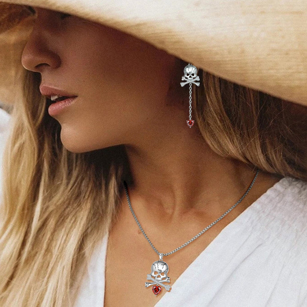 Beautlace 925 Sterling Silver Skull Jewelry Set, Halloween Skeleton Skull Pendant Necklace/Drop Dangle Earrings Gothic Vintage Skull Jewelry Set for Women
