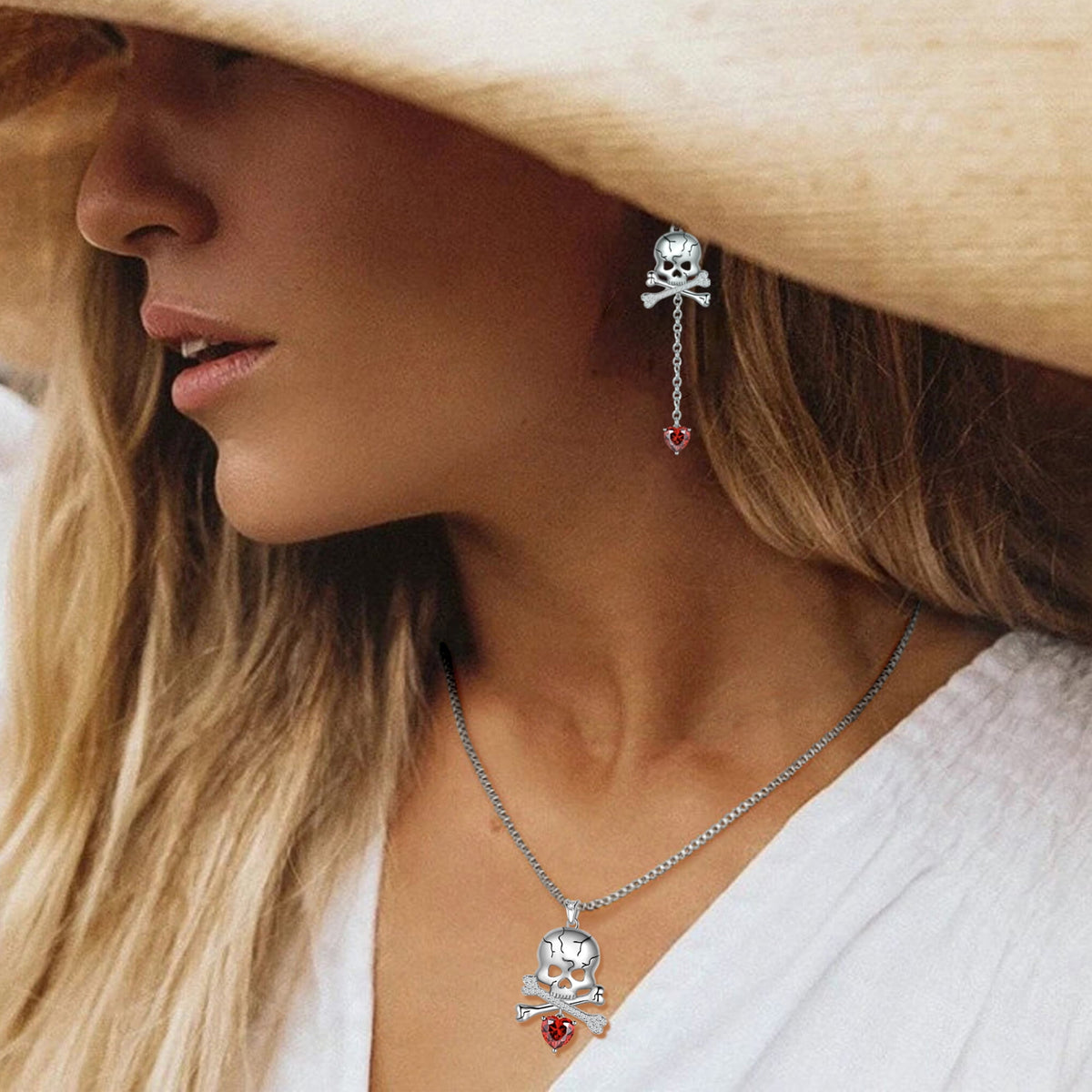 Beautlace 925 Sterling Silver Skull Jewelry Set, Halloween Skeleton Skull Pendant Necklace/Drop Dangle Earrings Gothic Vintage Skull Jewelry Set for Women