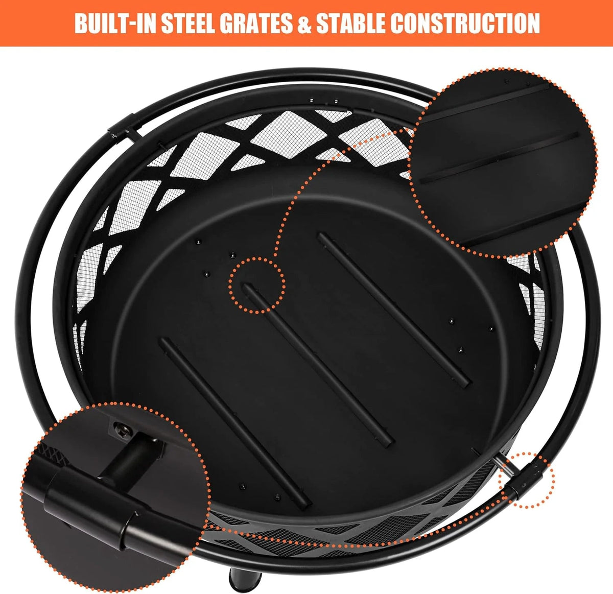 SUNCREAT 42-Inch Wood Burning Patio Fire Pit, Black, 42.1 Inch Diameter x 25.2 Inch High