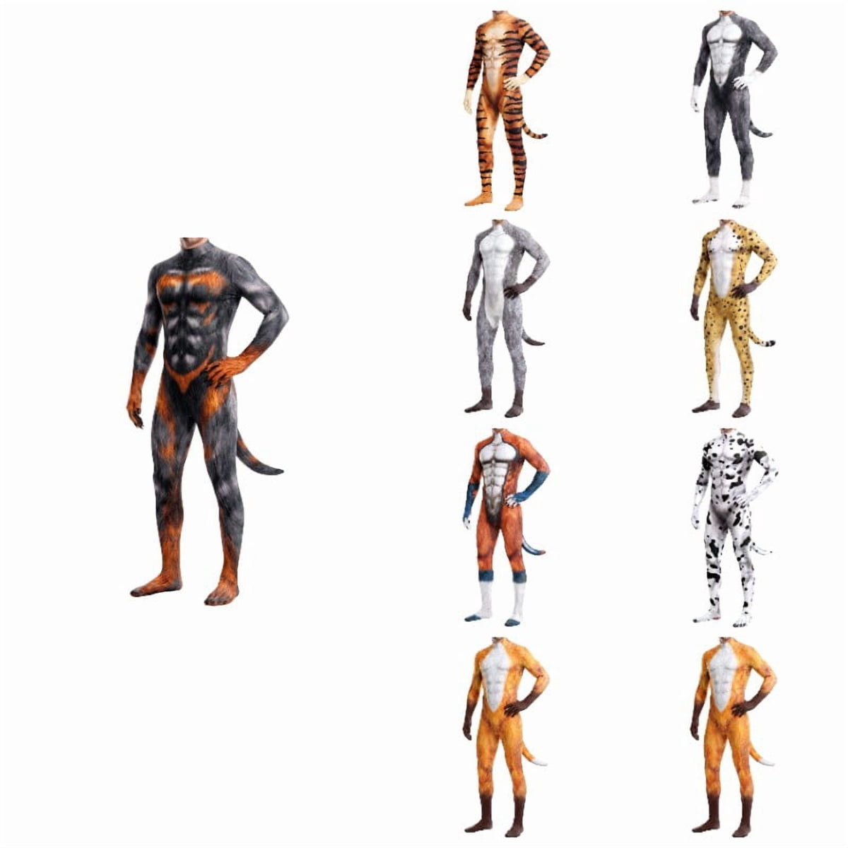 Krdevn Men 3D Animal Cosplay Bodysuit, Full‑Body Stretch Jumpsuit Costume with Tail for Halloween