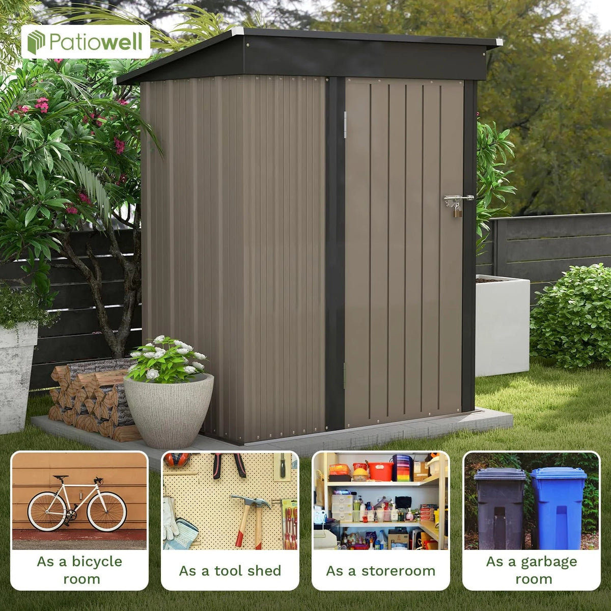 Patiowell Outdoor Storage Shed 5x3 FT Galvanized Steel Coffee Brown