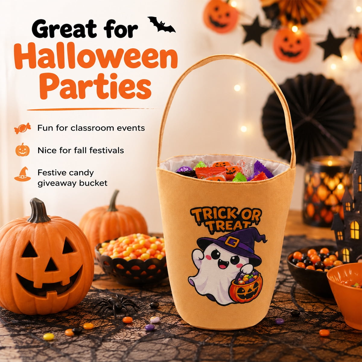 MetMetalrt Trick or Treat Bucket – Orange Cute Ghost Candy Buckets & Tote Bags for Halloween Party Decoration