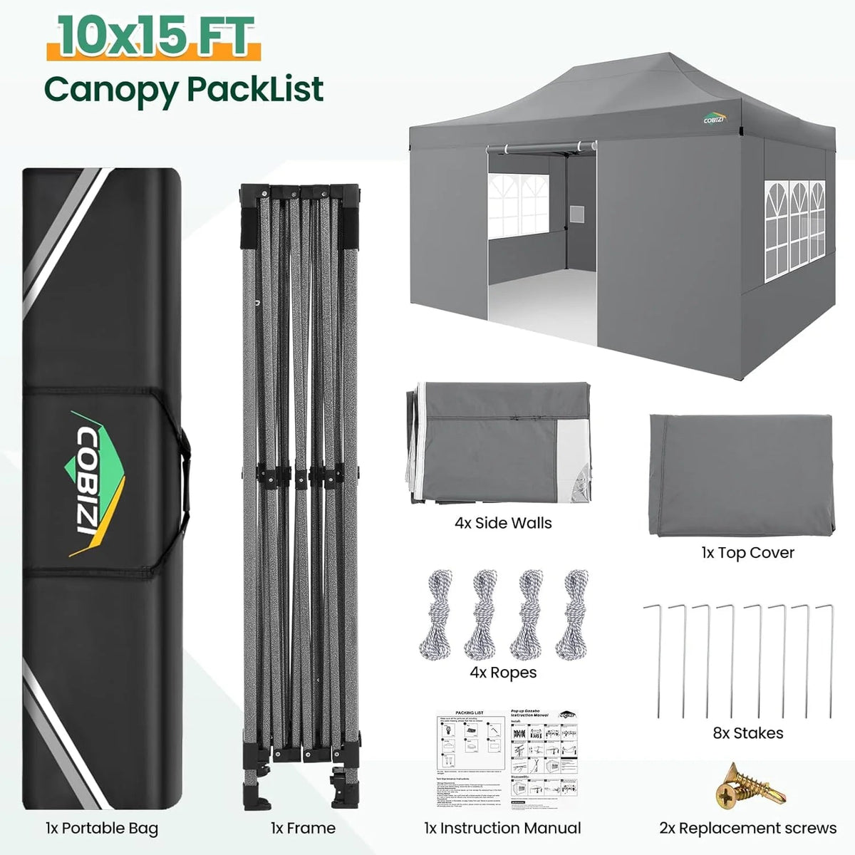 COBIZI 10x20 Heavy Duty Pop-Up Canopy Tent With 6 Sidewalls - Black